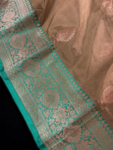 Silk Mark Certified Chiku & Turquoise Kadhua saree in pure katan silk with kadhua weave with meenakari flower butta — Kaash Collection