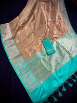 Silk Mark Certified Chiku & Turquoise Kadhua saree in pure katan silk with kadhua weave with meenakari flower butta — Kaash Collection