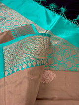 Silk Mark Certified Chiku & Turquoise Kadhua saree in pure katan silk with kadhua weave with meenakari flower butta — Kaash Collection