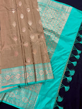 Silk Mark Certified Chiku & Turquoise Kadhua saree in pure katan silk with kadhua weave with meenakari flower butta — Kaash Collection