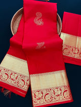 Chili Red Pure Kanjivaram Silk Saree with Gold Zari | Peacock and Elephant Motifs Heirloom Kanchipuram Silk Saree | SILK MARK CERTIFIED - Kaash