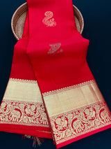 Chili Red Pure Kanjivaram Silk Saree with Gold Zari | Peacock and Elephant Motifs Heirloom Kanchipuram Silk Saree | SILK MARK CERTIFIED - Kaash