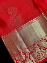 Chili Red Pure Kanjivaram Silk Saree with Gold Zari | Peacock and Elephant Motifs Heirloom Kanchipuram Silk Saree | SILK MARK CERTIFIED - Kaash