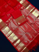 Chili Red Pure Kanjivaram Silk Saree with Gold Zari | Peacock and Elephant Motifs Heirloom Kanchipuram Silk Saree | SILK MARK CERTIFIED - Kaash