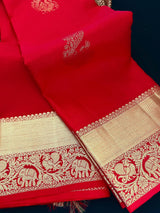 Chili Red Pure Kanjivaram Silk Saree with Gold Zari | Peacock and Elephant Motifs Heirloom Kanchipuram Silk Saree | SILK MARK CERTIFIED - Kaash