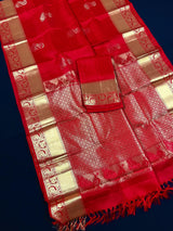 Chili Red Pure Kanjivaram Silk Saree with Gold Zari | Peacock and Elephant Motifs Heirloom Kanchipuram Silk Saree | SILK MARK CERTIFIED - Kaash