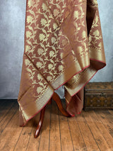 Chocolate Brown Banarasi Floral dupatta in banarasi silk (non-pure) with floral jaal with muted gold zari — Kaash Collection