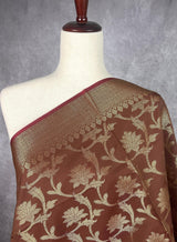 Chocolate Brown Banarasi Floral dupatta in banarasi silk (non-pure) with floral jaal with muted gold zari — Kaash Collection