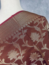 Chocolate Brown Banarasi Floral dupatta in banarasi silk (non-pure) with floral jaal with muted gold zari — Kaash Collection