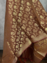 Chocolate Brown Banarasi Floral dupatta in banarasi silk (non-pure) with floral jaal with muted gold zari — Kaash Collection