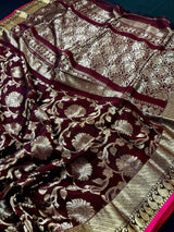 Chocolate Linen Jamdani saree in linen jamdani with floral zari jaal on linen jamdani — Kaash Collection