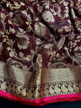 Chocolate Linen Jamdani saree in linen jamdani with floral zari jaal on linen jamdani — Kaash Collection