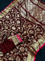 Chocolate Linen Jamdani saree in linen jamdani with floral zari jaal on linen jamdani — Kaash Collection