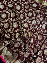 Chocolate Linen Jamdani saree in linen jamdani with floral zari jaal on linen jamdani — Kaash Collection