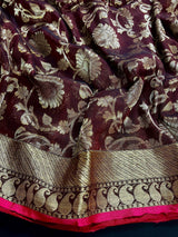 Chocolate Color Linen Jamdani Handloom Saree with Floral Jaal | Linen Saree | Jamdani | Handloom Sarees | Gift for Her - Kaash