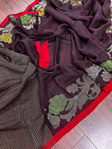 Coffee Linen Handloom with Red Strip saree in linen handloom with red strip border with resham zari & meenakari — Kaash Collection