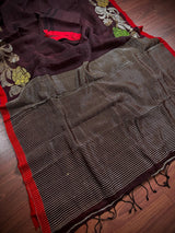Coffee Linen Handloom with Red Strip saree in linen handloom with red strip border with resham zari & meenakari — Kaash Collection