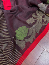 Coffee Linen Handloom with Red Strip saree in linen handloom with red strip border with resham zari & meenakari — Kaash Collection