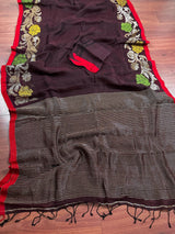 Coffee Linen Handloom with Red Strip saree in linen handloom with red strip border with resham zari & meenakari — Kaash Collection