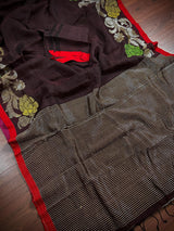 Coffee Linen Handloom with Red Strip saree in linen handloom with red strip border with resham zari & meenakari — Kaash Collection