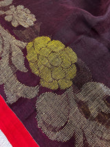 Coffee Linen Handloom with Red Strip saree in linen handloom with red strip border with resham zari & meenakari — Kaash Collection