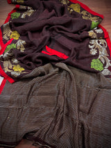 Coffee Color Linen Handloom Saree with Floral Pattern | Linen Saree | Handwoven Sarees | Gift for Her | Bengal Sarees | Meenakari - Kaash