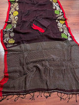 Coffee Color Linen Handloom Saree with Floral Pattern | Linen Saree | Handwoven Sarees | Gift for Her | Bengal Sarees | Meenakari - Kaash