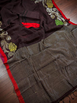 Coffee Color Linen Handloom Saree with Floral Pattern | Linen Saree | Handwoven Sarees | Gift for Her | Bengal Sarees | Meenakari - Kaash