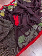 Coffee Color Linen Handloom Saree with Floral Pattern | Linen Saree | Handwoven Sarees | Gift for Her | Bengal Sarees | Meenakari - Kaash