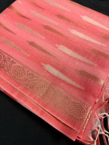 Coral Peach Color Benarasi Handwoven Cotton Silk Dupatta with Zari Weaving in Sliver and Copper | Dupatta | Stole - Kaash