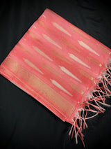 Coral Peach Color Benarasi Handwoven Cotton Silk Dupatta with Zari Weaving in Sliver and Copper | Dupatta | Stole - Kaash