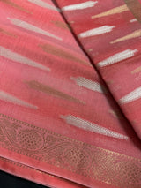 Coral Peach Color Benarasi Handwoven Cotton Silk Dupatta with Zari Weaving in Sliver and Copper | Dupatta | Stole - Kaash