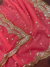 Coral Peach Color Net Dupatta with Gold Zari, Sequin and Beads - Kaash