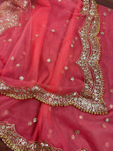 Coral Peach Color Net Dupatta with Gold Zari, Sequin and Beads - Kaash