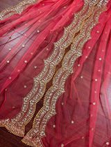 Coral Peach Color Net Dupatta with Gold Zari, Sequin and Beads - Kaash