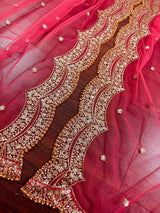 Coral Peach Color Net Dupatta with Gold Zari, Sequin and Beads - Kaash