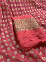 Silk Mark Certified Coral Peach Pure Khaddi Georgette saree in pure khaddi georgette silk with muted gold zari handweaving on khaddi — Kaash Collection
