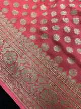 Silk Mark Certified Coral Peach Pure Khaddi Georgette saree in pure khaddi georgette silk with muted gold zari handweaving on khaddi — Kaash Collection