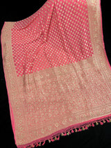 Silk Mark Certified Coral Peach Pure Khaddi Georgette saree in pure khaddi georgette silk with muted gold zari handweaving on khaddi — Kaash Collection