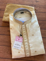 Cream (Size 38) men's kurta pajama in soft silk with self-design with embroidery on neckline — Kaash Collection