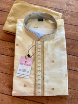 Cream (Size 38) men's kurta pajama in soft silk with self-design with embroidery on neckline — Kaash Collection