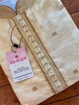 Cream (Size 38) men's kurta pajama in soft silk with self-design with embroidery on neckline — Kaash Collection