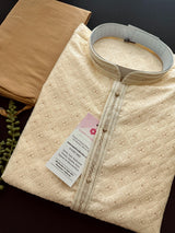 Cream Color Men Kurta Pajama with Embossed Embroidery and Zari - Kaash