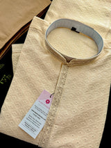 Cream Color Soft Silk Self Embeeriodery Men Kurta Pajama with Self Design material with small Zari Weave butti - Kaash