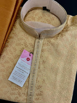 Cream Gold (Size 38) men's kurta pajama in jacquard silk with floral jaal in gold zari — Kaash Collection