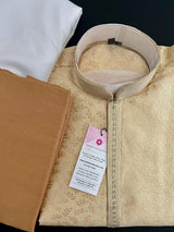 Cream Gold (Size 38) men's kurta pajama in jacquard silk with floral jaal in gold zari — Kaash Collection