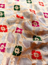 Cream Gold with Wine pure khaddi georgette banarasi silk saree with meenakari floral weave — Kaash Collection