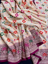 Cream Gold with Wine pure khaddi georgette banarasi silk saree with meenakari floral weave — Kaash Collection