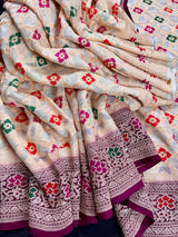 Cream Gold Pure Khaddi Georgette Banarasi Silk Saree | Floral Meenakari Sarees | Banarasi Handwoven Pure Saree | SILK MARK CERTIFIED - Kaash