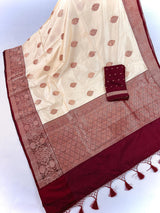 Silk Mark Certified Cream with Maroon Border saree in pure katan silk with maroon border with gold zari — Kaash Collection